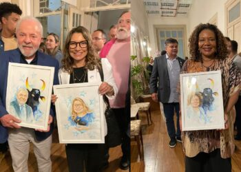 Lula, Janja e Margareth Menezes recebem obras de artistas do Caprichoso
