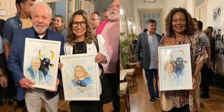 Lula, Janja e Margareth Menezes recebem obras de artistas do Caprichoso